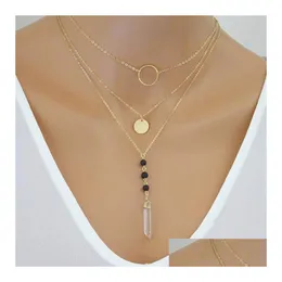 Pendant Necklaces Mtilayer Lavarock Bead Crystal Tassel Aromatherapy Essential Oil Diffuser Women Natural Lava Yoga Drop Delivery Je Dh9Vj