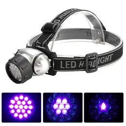 19 LED UV 자외선 헤드 라이트 보라색 헤드 램프 방수 야외 손전등 395nm 바이올렛 헤드 램프 횃불 사냥 낚시를위한 랜턴