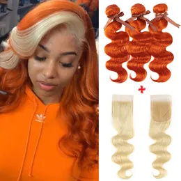 Hair Wefts Remy Forte Blonde Body Wave Bundles With Closure Orange Brazilian Weave 3 bundles Human with Fast USA 230525