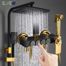 Zestawy prysznicowe w łazience Czarne złote zestaw prysznicowy SDSN termostatyczny system prysznicowy łazienki Opad deszczu głowica prysznicowa mosiężna łazienka kran prysznicowy Złoty zestaw prysznicowy G230525