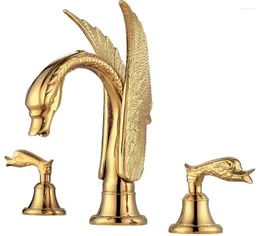 Bathroom Sink Faucets Gold CLOUR 3 PIECEs ROMAN SWAN FAUCET Lavatory Mixer Tap