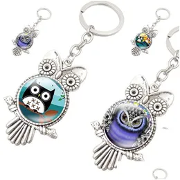 Nyckelringar Lanyards Antik Bird Owl Form Glass Cabochon Keychain Key Rings Holder Bag hänger Fashion Jewelry Will och Sandy Drop D Dhkxw