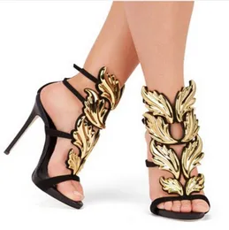 Лучший бренд летний новый дизайн женский мода дешевая золотая серебряная красная листья высокого каблука.