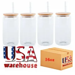 USA CA Stock 16oz Süblimasyon Cam Boşluk Bambu Kapak Buzlu Bira Borosilate Borosilate Tumbler Mason Kavanoz Kupaları Plastik Saman 50 PC/CTN TT0525