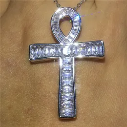 Vecalon Ankh Cross Pendant 925 Sterling Silver 5A CZ Stone Chain Cross Pendant Necklace for Women Men Men Party Wedding Jewelry