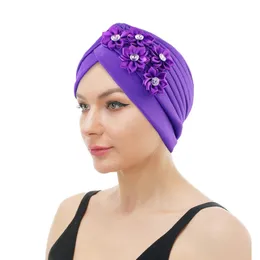 New Elegant Women Rhinestoned flower Turban Bonnet Muslim Hijab Headscarf Caps Pleate Ruffle Turban Chemo Cap Wedding Beanie Hat