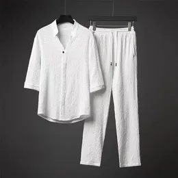 Tute da uomo Tute estive in lino Abbigliamento tradizionale Uomo Solid Tai Chi Uniform Retro scollo a V Camicia e pantaloni a due pezzi Set 230524