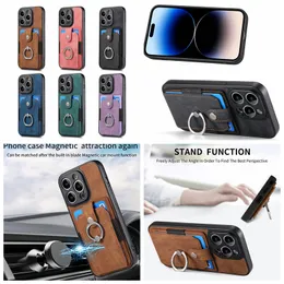 Cases For Iphone 15 14 Pro Max Plus 13 12 11 X XR XS 8 7 Card Slot Pocket Car Holder PU Leather Retro Magnetic Finger Ring Car Bracket Stand Hard Plastic Soft TPU Phone Cover