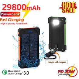 Mobiltelefon Power Banks 29800mAh stor kapacitet Portable Solar Power Bank med 2 USB -portar utomhusresor Extern batteriladdare för Samsung G230525