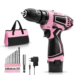 Poppop 12v roze snordeloze lithium-ion boorset en roze gereedschapsset kit, gereedschapsset kit voor doe-het-zelf, lady reparatie-gereedschapskit met 12-inch brede mond