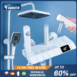 Set doccia da bagno Pianoforte bianco Set doccia digitale Rubinetti da bagno in ottone intelligente Rubinetto a cascata calda e fredda Sistema doccia grigio a pioggia chuveiro G230525