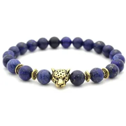 Perline blu lapislazi testa di leopardo stringa preghiera perline gemma di cristallo oro antico sier uomo donna bracciali consegna goccia gioielli Dhzs6