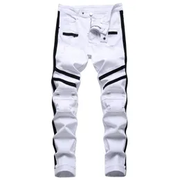 Men's Jeans Punk Jeans Men Zipper Hip Hop Slim Fit White Bike Jeans Elastic Split Denim Pants Cotton Fashion Casual Jogging Male Clothing 230524