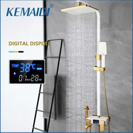 Bathroom Shower Sets KEMAIDI White/Black Bathroom Wall Mounted Rainfall Shower System LED Digital Shower Set Hot Cold Mixer Bath Faucet Square Spray G230525