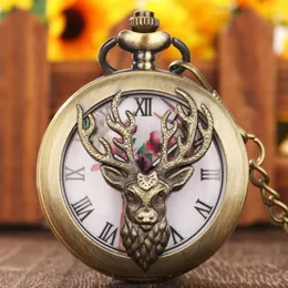 Relojes de bolsillo Retro Bronce Elk Head Hollow Cover Sika Deer Flores Cuernos Dial Diseño Reloj de cuarzo Collar Colgante Reloj antiguo