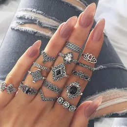 Band Rings 15 Pcs/Lot Supply Fashion Ring Set For Women Boho Bohemia Retro Vintage Black Gemstone Jewelry Factory Direct Drop Deliver Dht3F