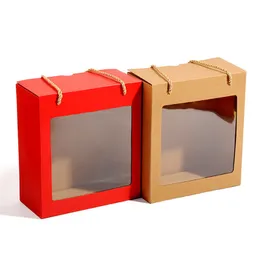 50st/Lot Red Kraft Paper Box julklapp Förpackning Presentlådor Fönster Godis/Cake Display Box For Baby Shower Wedding