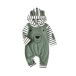 Rompers Citgeett Autumn Infant Baby Girls Boys Cartoon Dots Stripe Hooded Long Sleeves Jumpsuits Buttons Clothes 230525