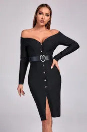 Lässige Kleider Schulterfrei Langarm Frauen Schwarz Mini Bodycon Verbandkleid 2023 Elegante Abendparty Klassisch mit Gürtel