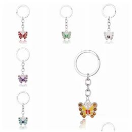 Keychains Lanyards Crystal Butterfly Keychain Rhinestone Keyrings For Keys Car Bag Charm Key Ring Handbag Pendant Couple Chains Gi Dhdcj