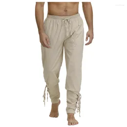 Calça masculina s-5xl pirata algodão calça medieval renascentista larp figuring viking perna cace up linen halloween para homens plus size