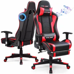 POPTOP Gaming Chair with Bluetooth Speakers Music Office Chair with Footrest PU Leather Recliner, Red