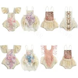 Rompers 024m Summer Princess Nascido Baby Girls Girls Elegant Lace Crochet Lantejous sem mangas Romper jumspuits Tulle Dress Roupfits 7 Styles 230525