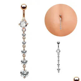 Navel Bell Button Rings Fashion Stainless Steel Zircon Long Dangle Round Rhinestone Belly Ring Bar Barbell Piercing Reverse Jewelr Dhozv