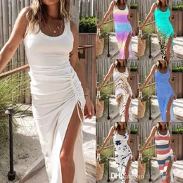 2023 Nowa letnia sukienka moda drukowana maxi sukienka szczupła fit sexy sznurka podzielona bez rękawów długie sukienki bodycon dla kobiety plus rozmiar 3xl ubrania