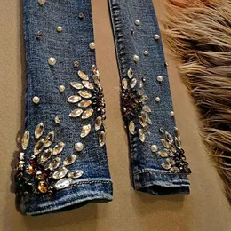 Damskie dżinsy ręcznie robione z koralikami dhinestone kobiety perłowa diamentowa kostka długość wiosna jesienna chuda ołówek