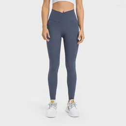 Active Pants ABS LOLI Sexy V-shape Sport Fitness Workout Leggings Women Cross Waist Gym Tights Yoga With Pockets 7/8 Length Activewear