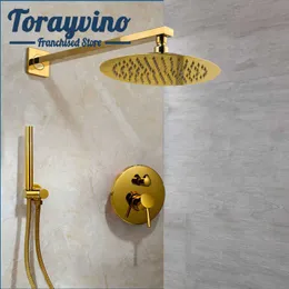 욕실 샤워 세트 Torayvino 욕실 샤워 세트 키트 Chuveiro de Banheiro 놋쇠 고귀한 금 벽 마운트 강우 샤워 헤드 스트립 핸드 샤워 세트 G230525