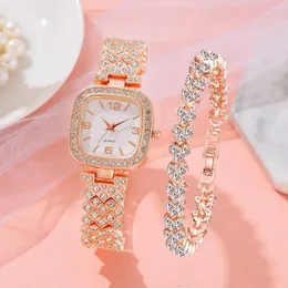 Armbandsur 2 Stuks Set Quartz Horloge 2023 Nieuwe Mode Luxe Full Diamant Dames Armband Horloges Vrouwen Vrouwelijke Klok Relogio Feminino