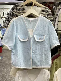 البلوزات النسائية Korejepo French Blouse 2023 Summer v-tech single single predatoled propble bubble Short Sleeve Age تقلل من أفضل النساء الأنيقة