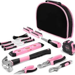 Kit de ferramentas rosa de 103 peças Poptop - Ferramentas de mão de senhoras Conjunto de ferramentas de mão com fácil transporte bolsa redonda - Durável e duradouro Ferramentas de acabamento cromado - Perfeito F