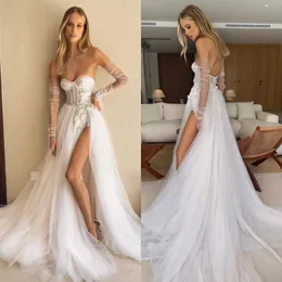 Boho A Line Dresses Illusion Sleeves Appliques Slit Tulle Designer Wedding Bridal Gowns Ppliques Ppliques Ppliques ppliques