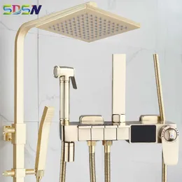 Conjunto de chuveiro de banho de banheiro Conjunto de chuveiro de ouro escovado recém -chegada Sistema de chuveiro termostático Sistema de chuva chuveiro Cabeça de chuveiro dourado escovado G230525
