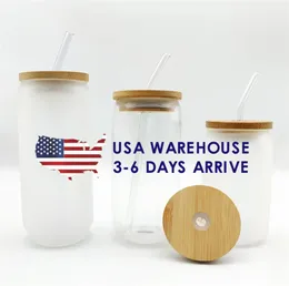 US CA STOCK 16OZ Sublimation Glass Beer Mugs with Bamboo Lid Straw Tumblers DIY Blanks Frosted Clear Can Cups Heat Transfer Cocktail Cups Tumbler 0525