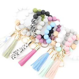 Partihandel Trä TASSEL BEAD String Armband Key Chain Food Grade Silikonpärlor Armband Kvinnor Girl Key Ring handledsrem FY2981