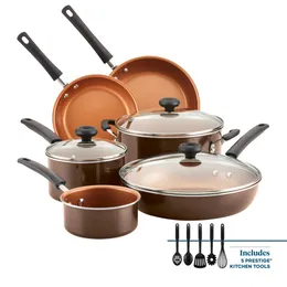 Farberware 14 قطعة سهلة نظيفة Pro Ceramic Pots Noncstick Pots و Pans مجموعة أدوات طبخ ، بنية
