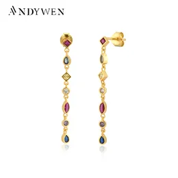 Andywen 925 Sterling Silver Gold Rainbow 38 cm Långkedja droppe örhänge Kvinnor Fina smycken för bröllop Lyxiga juveler