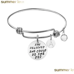 Charm Bracelets Inspirational Engraved Adjustable 26 Initial Letters Bracelet Bangles She Believe Cod So Did Positive Jewelry Drop De Dhivc