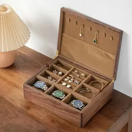 Caixa de joias com fechadura de madeira de nogueira preta, joias de madeira maciça, três caixas de armazenamento de joias de ouro, caixa de relógio de madeira de alta qualidade, caixa de colar