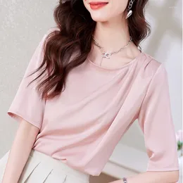 Kvinnors blusar 2023 Summer Womens Topps Satin Solid O-Neck Blus For Women Korean Fashion Clothing Office Lady Slim Half Sleeve