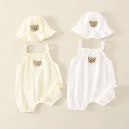 Rompers 2PCS Summer Baby Clothes Set With Cap Toddler Cute Bear Sling Romper Fisherman Hat Infant Girl Boy Jumpsuit Outfit 230525