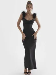 Ocasião formal Vestidos para Women Runway Party Rave Roughits Feathers Strap Dupla Cetin Black Dress 2023