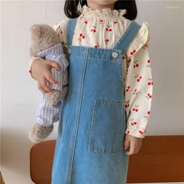 Abiti da ragazza Moda per ragazze Bretelle in denim Primavera Autunno Stile coreano Baby Grandi tasche Abito da principessa allentato