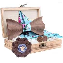 활 끈 Ricnais Natrue 3D 나무 넥타이 패션 Cutton Pocket Square Wood Cuff and Brooch 세트 Mens Marring 선물 선물 Bowtie Box