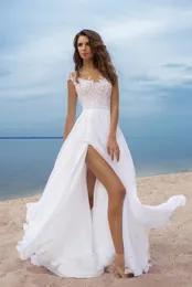 Jewel Cap-sleeve Chiffon A-Line Wedding Dresses Empire Waist Sweep Train Side Split Applique Wedding Gown