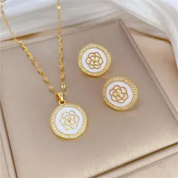 Necklace Earrings Set Fashion For Women Elegant White Camellia Pendant Kpop Round Flower Stud Conjuntos De Joyas
